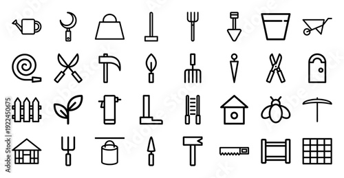 Sustainable gardening and organic farming line icons. Technical monoline pictograms for agricultural tools, landscaping maintenance, and horticulture branding.