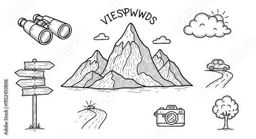 Travel Icons Set with Mountain Landscape Elements.