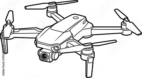 Quadcopter drone line illustration featuring four rotors, streamlined body, gimbal camera, and landing gear symbolizing aerial photography, videography, technology, and modern design graphics