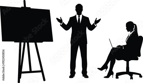 Professional set of black silhouettes featuring a business man giving a presentation next to an easel and a woman working on a laptop.