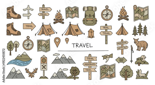 Travel Icons Set with Camping and Adventure Symbols.