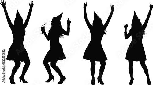 Professional set of black silhouettes featuring diverse women in party hats dancing and celebrating with drinks for birthday and holiday events.