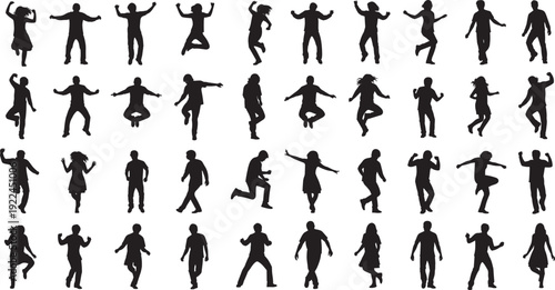 Large collection of active people silhouettes jumping, dancing, and celebrating, energetic human figures in various joyful poses, isolated on white background.