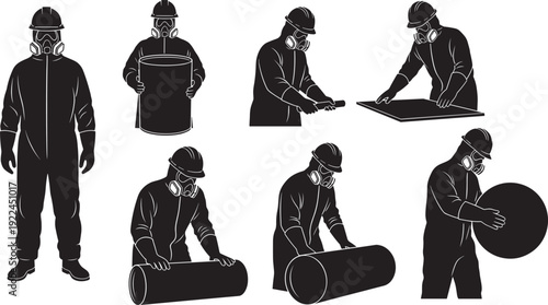 Industrial workers in hazmat protective suits and gas masks silhouettes set, professional technicians handling barrels and equipment on white background,