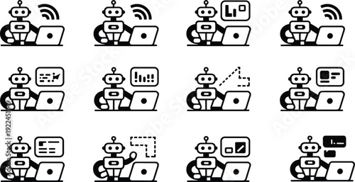 Robot icon set featuring twelve laptop‑using robots with wireless signals, charts, checklists, graphs, text, speech bubbles, and interface symbols representing AI, data, and communication