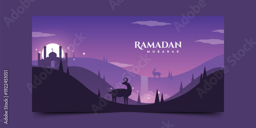 Ramadan Mubarak with night sky landsacpe background illustration template design