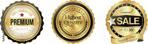 Three decorative labels showcasing premium, medium, and sale badges