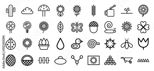 Nature and gardening line icons featuring botanical elements, insects, and outdoor tools in a minimal technical monoline aesthetic for eco-friendly branding.
