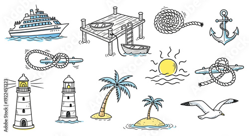 Nautical Icons Featuring Ships and Lighthouse Symbols.