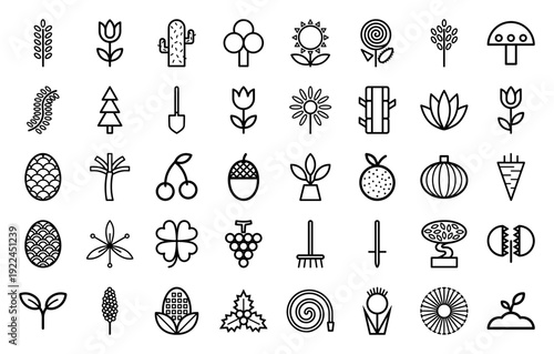 Botanical and gardening monoline pictograms featuring diverse plant life, agricultural tools, and organic growth symbols for landscaping and horticulture branding.