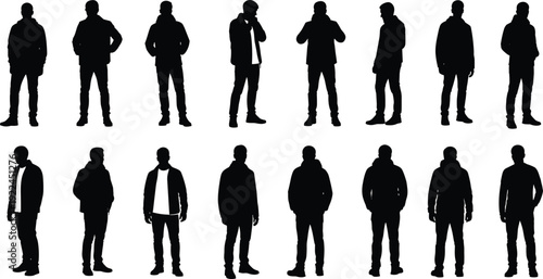 Set of black silhouettes of young men in casual jackets and hoodies standing in various poses isolated on white background