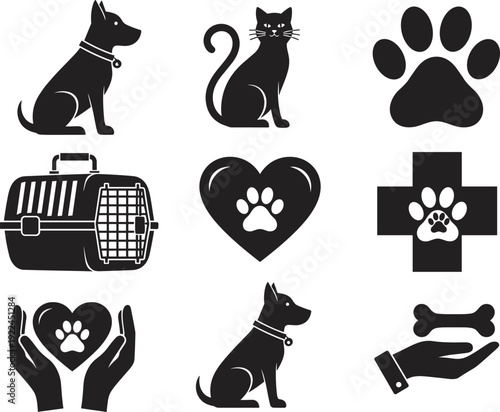 Pet care and veterinary icons set featuring dog, cat, paw print, pet carrier, heart, medical cross, and bone silhouettes isolated on white.
