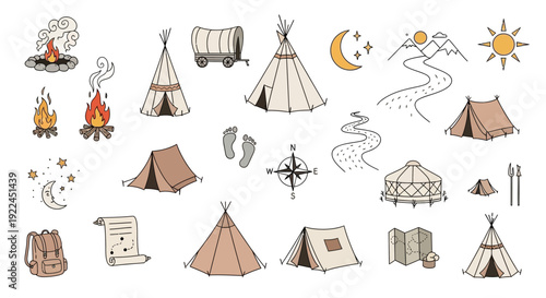 Camping Tents and Outdoor Adventure Icons.