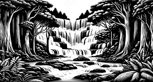 waterfall vector design waterfall, vector, design, nature, landscape, illustration, water, river, graphic, blue, background, outdoor, rock, mountain, stream, park, forest, environment, scenic, flow, n