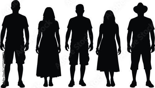 Set of Casual People Silhouettes with Men and Women in Summer Clothing and Shorts Standing in Various Poses for Design Project