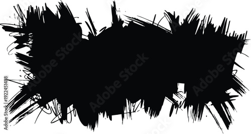 The image features a prominent black paint blot at its center, surrounded by numerous thin, brush-like strokes that extend outward in various directions.