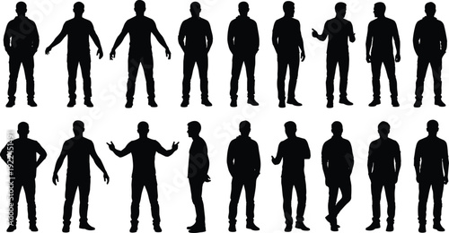 Set of eighteen black silhouettes of men in various standing poses and casual outfits for lifestyle concepts, community projects, and urban graphic design.