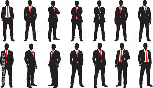 Professional businessmen silhouettes set wearing black suits and red ties, standing in various confident poses, isolated on white background icons,