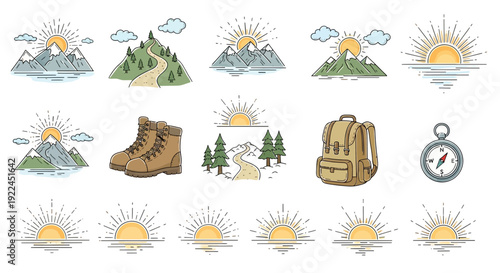 Hiking Equipment and Nature Elements Illustration.
