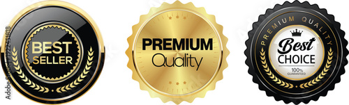 Three distinct badges showcasing best seller, premium quality, and best choice awards
