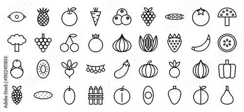 Organic food and healthy lifestyle linear pictograms. Professional monoline icons featuring fresh fruits, garden vegetables, and nutritional plant-based ingredients for digital menus.
