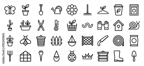 Gardening and sustainable horticulture line icons featuring botanical growth, professional landscaping tools, and backyard ecosystem elements in a modern monoline aesthetic.