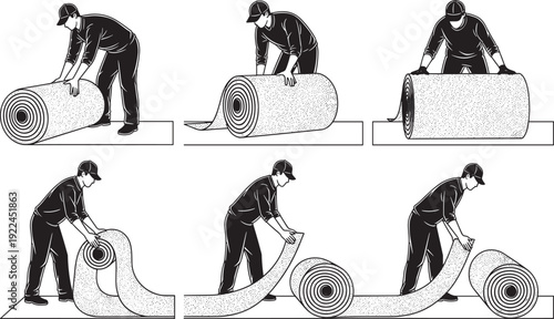 Professional carpet installer technician rolling and laying floor covering, textile flooring installation service, worker silhouettes in various manual labor poses,