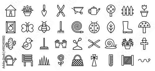 Garden maintenance and landscaping outline pictograms featuring horticulture tools, organic farming elements, and backyard nature icons in a clean monoline aesthetic.