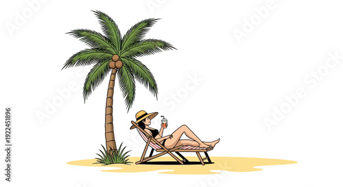 Woman Relaxing on Beach Chair under Palm Tree.
