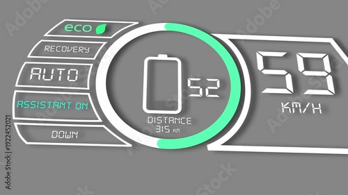 Digital car dashboard with navigation, speedometer, battery indicator. Electric Car Display Infographics. Futuristic car HUD.