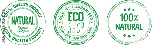Three green eco-friendly product certification badges with natural and eco-friendly labels