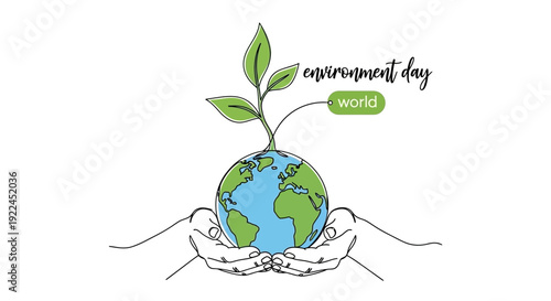 Hands cradle the Earth with a seedling growing from it, symbolizing World Environment Day and environmental protection.
