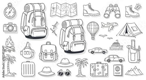 Travel Icons Set with Backpacks and Accessories.
