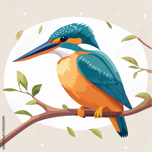 Colorful kingfisher bird perching peacefully on a tree branch, showcasing its striking plumage in a serene nature illustration, capturing the essence of wild avian beauty