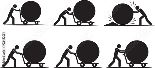 Stick figure men rolling large heavy round objects on manual hand trucks, physical labor silhouettes representing hard work, effort, and perseverance,