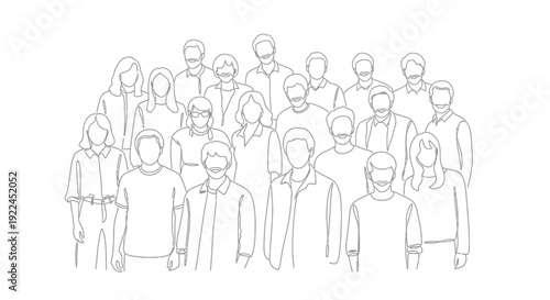 A detailed line drawing illustration of a diverse group of people standing together, showcasing a sense of community and unity.
