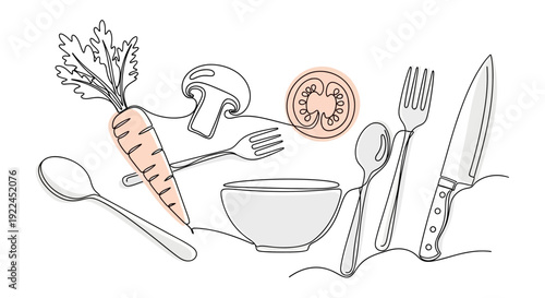 A minimalist line drawing featuring a carrot, mushroom, tomato slice, bowl, spoon, fork, and knife, representing healthy eating and cooking.