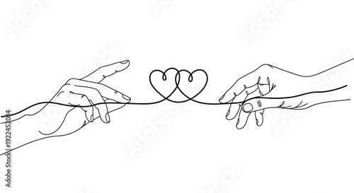 Two hands reaching out to each other, connected by a single thread forming two hearts, symbolizing love and connection.