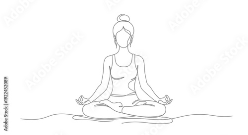 A minimalist line drawing of a woman meditating in a lotus position, symbolizing peace and mindfulness.