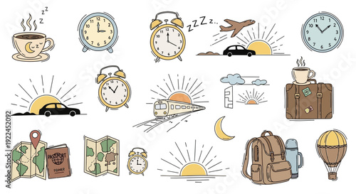 Travel Accessories and Timekeeping Devices Illustration.