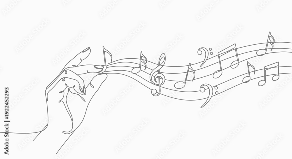 Εκτύπωση καμβά A minimalist line drawing of a hand holding a musical note, with a flowing staff and musical symbols emanating from it
