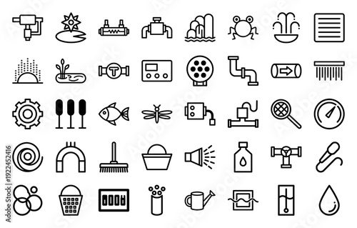 Pond maintenance and water garden filtration elements in chunky monoline style. Professional technical pictograms for aquatic landscaping and irrigation systems.