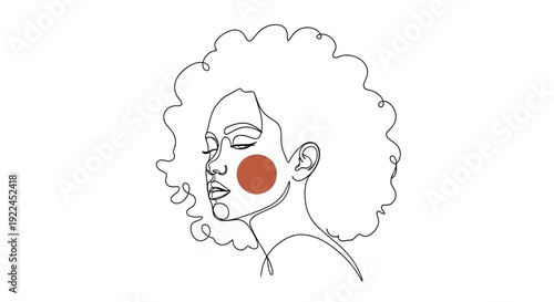 Minimalist line art illustration of a woman with curly hair and closed eyes, featuring a reddish-brown circle on her cheek.
