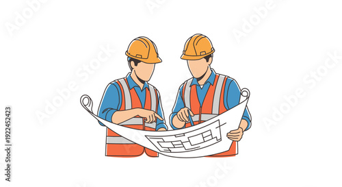 Two construction workers in hard hats and safety vests examining blueprints together on a white background.