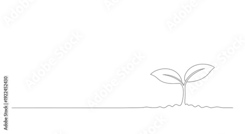 A minimalist line drawing depicts a small plant sprouting from the soil.