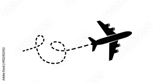 A black silhouette of an airplane flying on a white background, with a dotted line indicating its flight path.