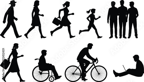 Silhouette illustration of diverse people icons including walking man, woman with handbag, child running, group standing, wheelchair user, cyclist, and laptop user for lifestyle themes
