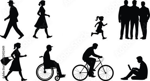 Silhouette illustration of diverse people icons including walking man, woman, child running, group standing, handbag, wheelchair, bicycle, and laptop user for lifestyle themes