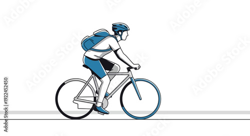 A stylized illustration of a person riding a bicycle with a backpack and helmet.