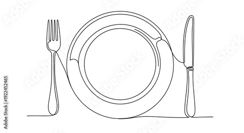 A minimalist continuous line drawing of a dinner plate with a fork and knife on either side, suggesting a meal setting.